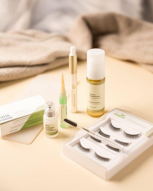 Pflegeset für Wimpernverlängerungen auf einem hellen Studio-Tisch mit Bürste, Shampoo und Anleitung