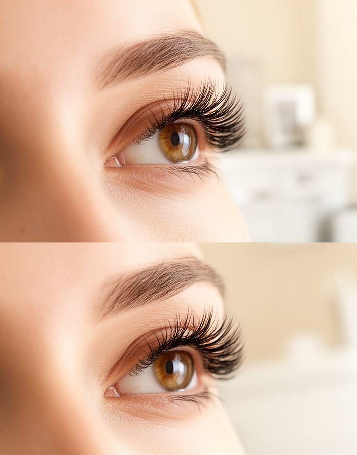 Zwei gepflegte Wimpernsets im hellen Studio mit sanftem Tageslicht und ruhiger Behandlungsszene