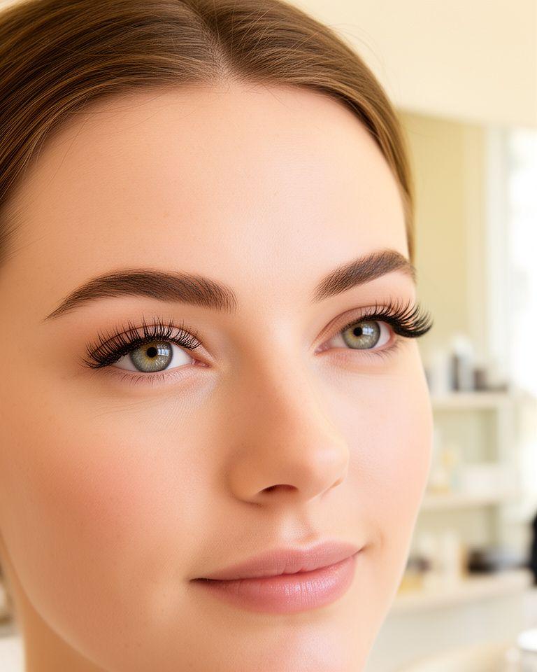 Modell mit natürlich wirkenden Wimpernverlängerungen im hellen Salon mit sanftem Tageslicht