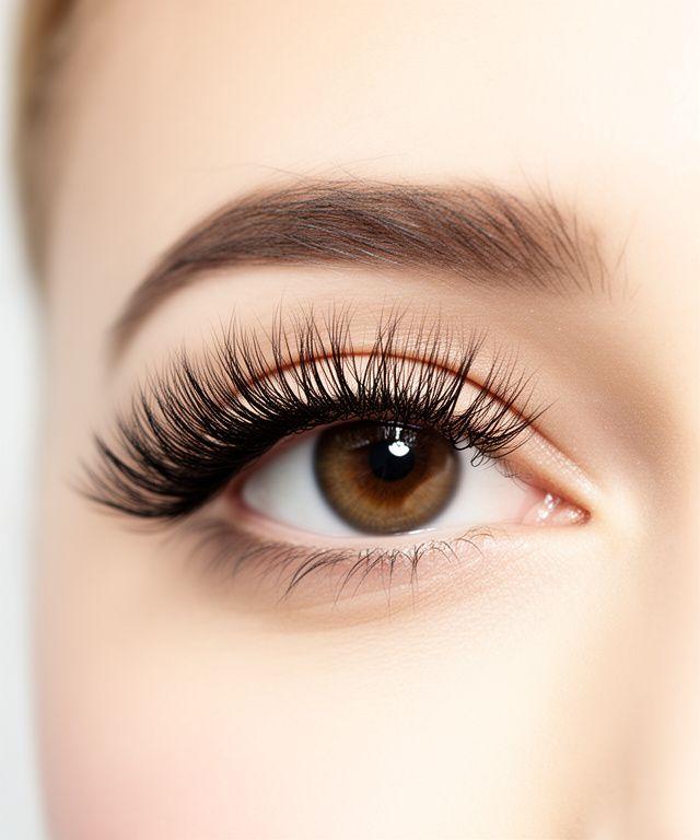 Volumen-Wimpernverlängerung nach der Behandlung mit dichten Fächern und weichem Glanz im Studio